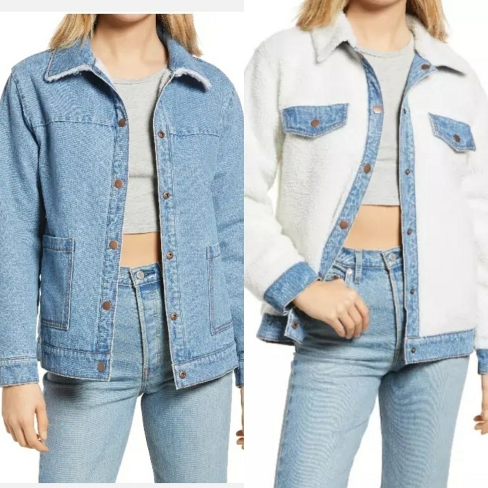 BP. Reversible Faux Fur Denim Snap Up Versatile Pockets Jacket Sz S. Cozy & Warm